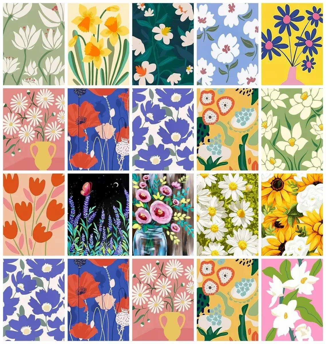 DIY Minimalistisches Wildblumen-Diamantgemälde, Einfache Flache Blumen-Tulpen-Gänseblümchen-Sonnenblumen Abstrakte Wanddekoration Geschenk