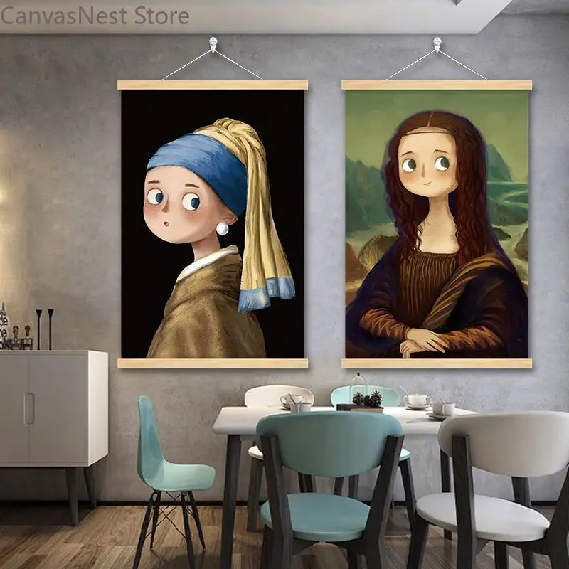 Cartoon Famous Painting Hanging Scroll Poster Set, Cute Q Version Classic Art Wall Decor