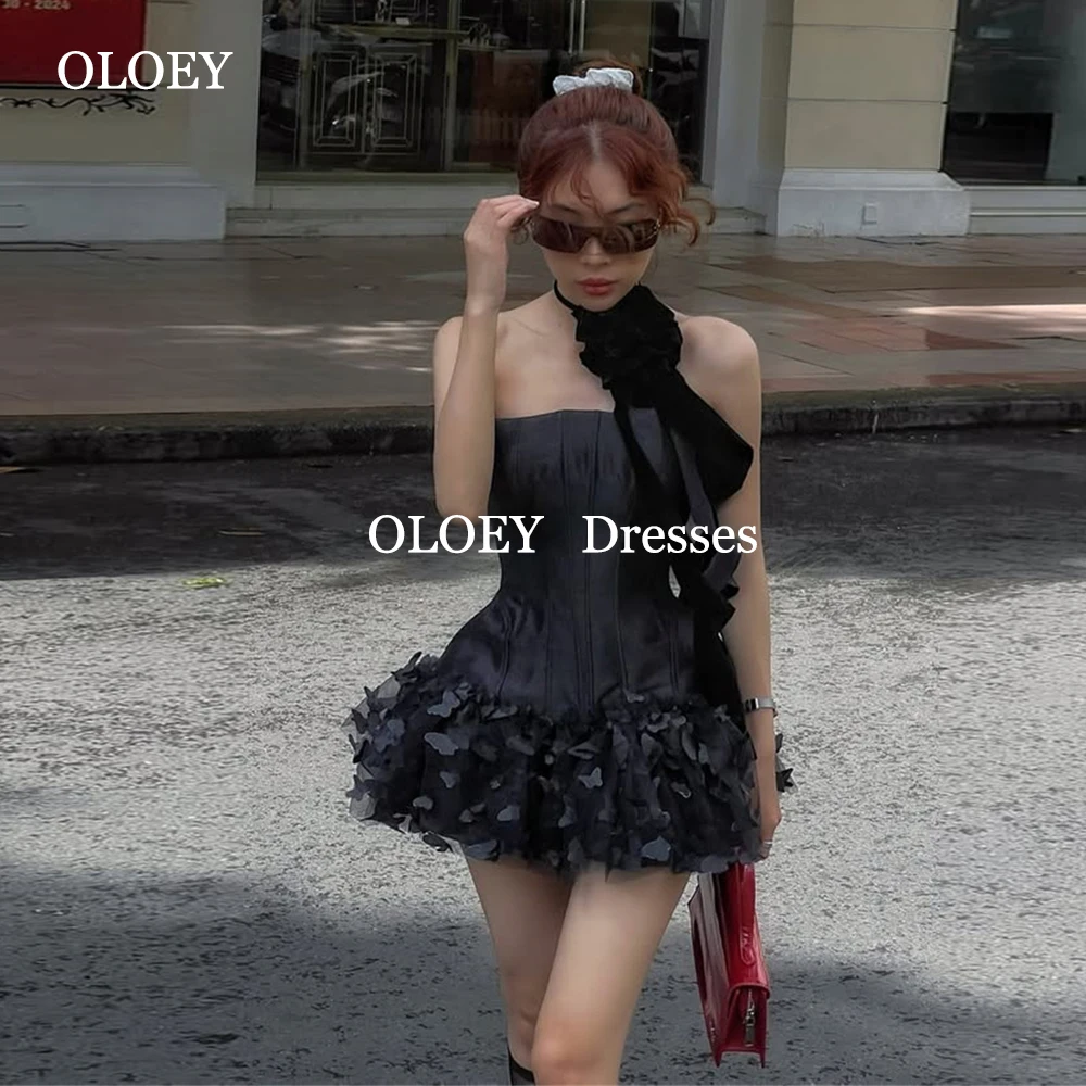 

OLOEY Sexy Black Strapless Short Prom Cocktail Dresses Sleeveless Butterflies Lace Mini Wedding Party Gowns Corset Customized