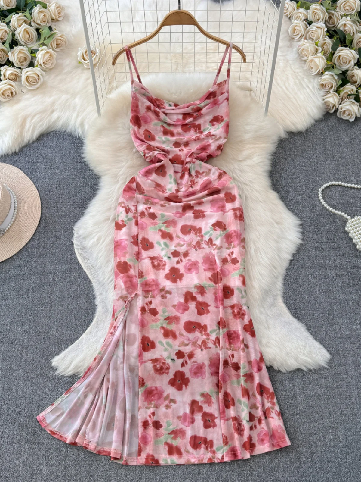 

Pink Printing Dress Women Summer Sexy Slim Fit Split Long Spaghetti Strap Dresses Elegant Female Holiday Beach Vestidos