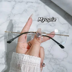 Men's Ultra Light Frameless Frames Myopia Eyeglass Square Eyewear Finished Prescription Near Sight Cut Edges Minus Eyeglasses