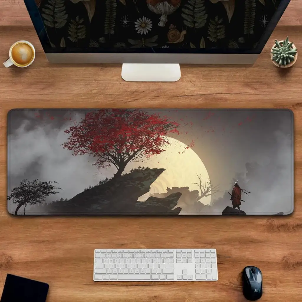 Desk Mat Illustration Last Samurai Fantasy Art Deskmat Moonlight Moon Mouse Pad XXL Red Tree Graphics Rock Artwork Mousepad XL