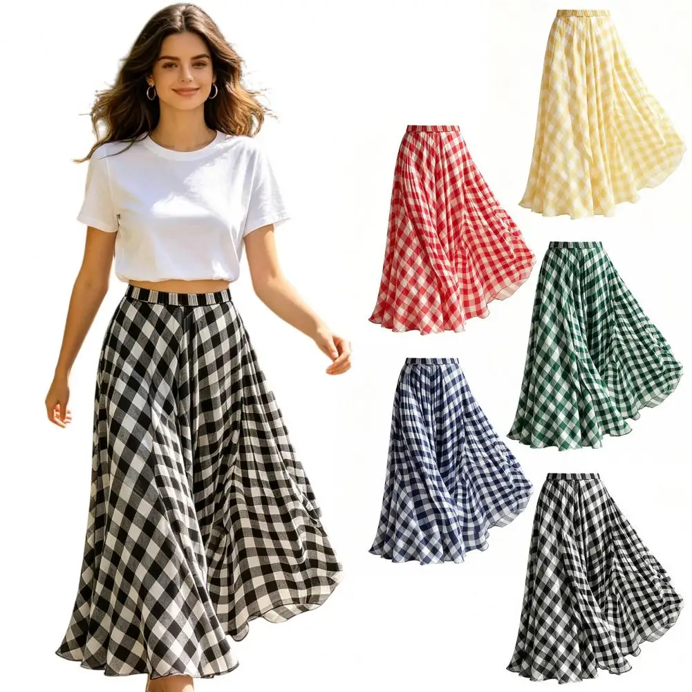 2026 Women Summer Skirt Women’s Plaid Maxi Skirt Elastic Waist Long Skirt Flowy Hem Lightweight Summer for Beach Travel Vacation