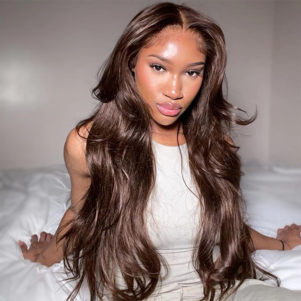 Chocolate Brown Colored Lace Part Human Hair Wigs Body Wave For Women Pre Plucked Straight Transparent Lace T Part Lace Wig