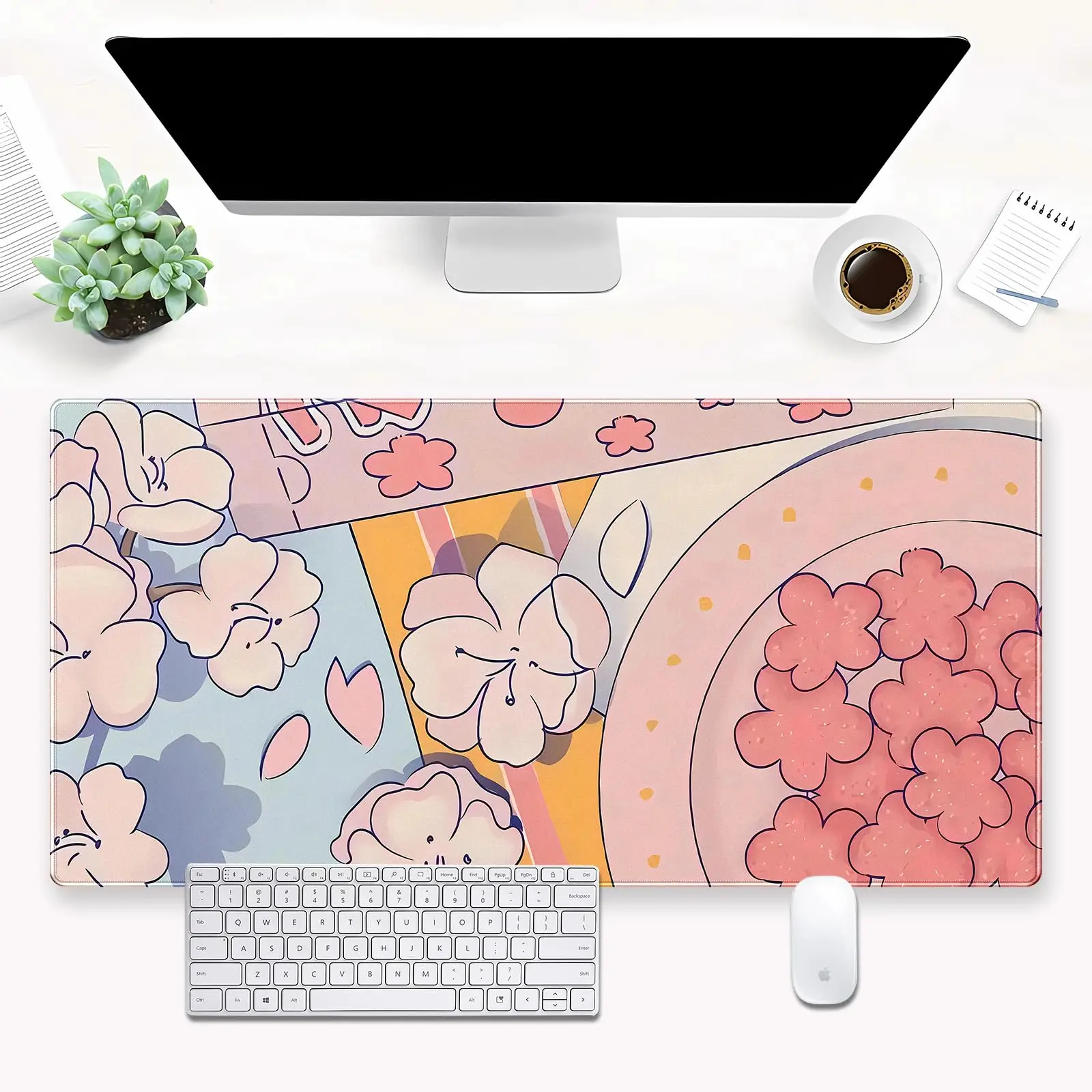 

Pink Floral Mouse Pad XXL Cute Anime Gaming Desk Pad with Stitched Edges and Washable Design, Suitable for Women, Office, Home