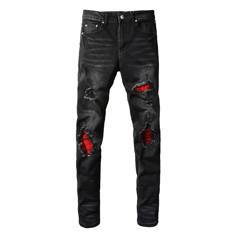 Herren Rote Rissige Plissierte Patchwork-Biker-Jeans Streetwear Stretch-Denim-Hose Skinny Tapered Schwarze Hose – Detail 14