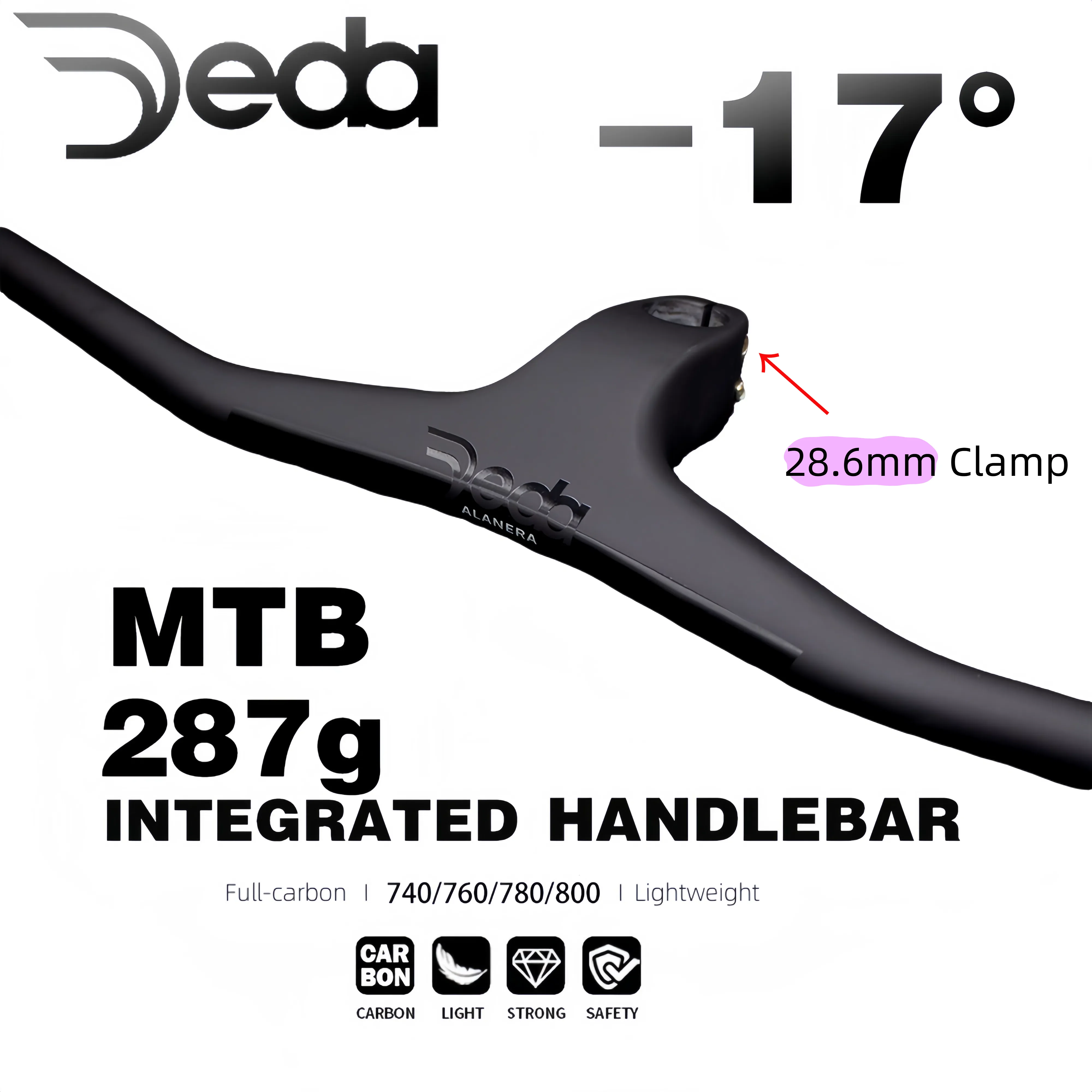 

DEDA Carbon Fiber Integrated MTB Handlebar -17° Rise 28.6mm Steerer Clamp 740mm 760mm 780mm 800mm Width