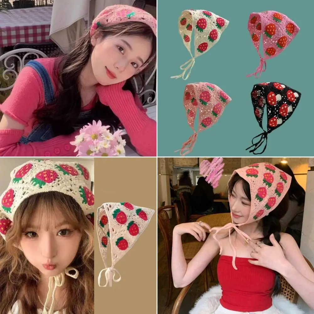 French Pastoral Style Triangle Headband Knitted Handmade Crochet Headscarf Hat Flower Strawberry Girls Headband Towel