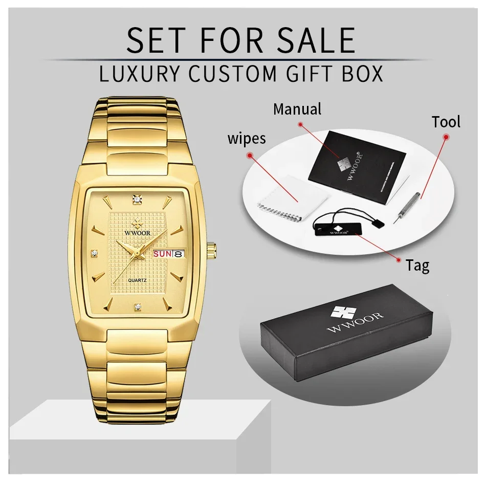 2024 New Square Watch Men with Automatic Week Date Luxury Stainless Steel Gold Mens Quartz Wrist Watches Relogio Masculino