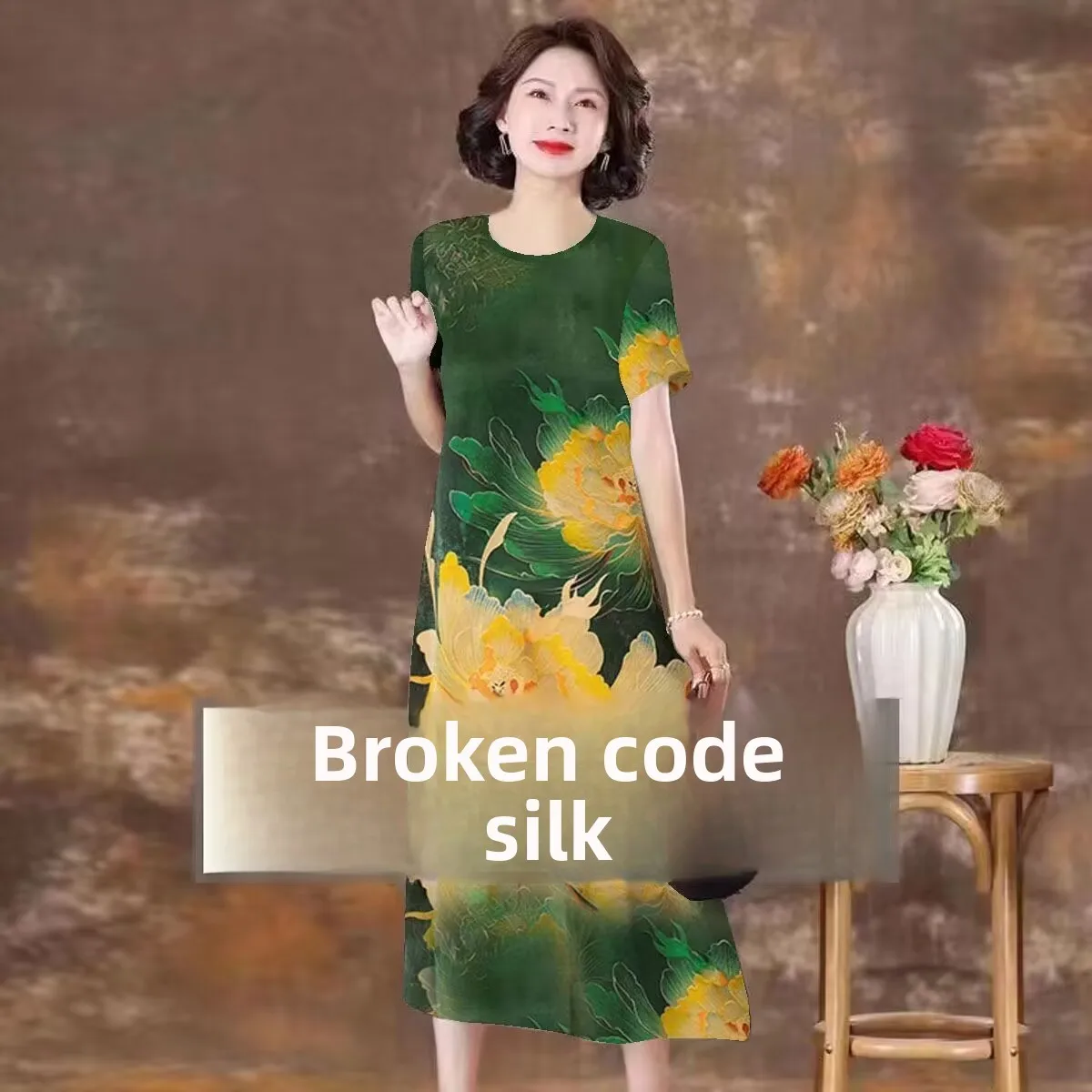 Seta angyun Pesante Estate Dr Donna Sciolto Taglia grande Mamma di mezza età Seta Dr Stampa floreale A-Line Midi Dr