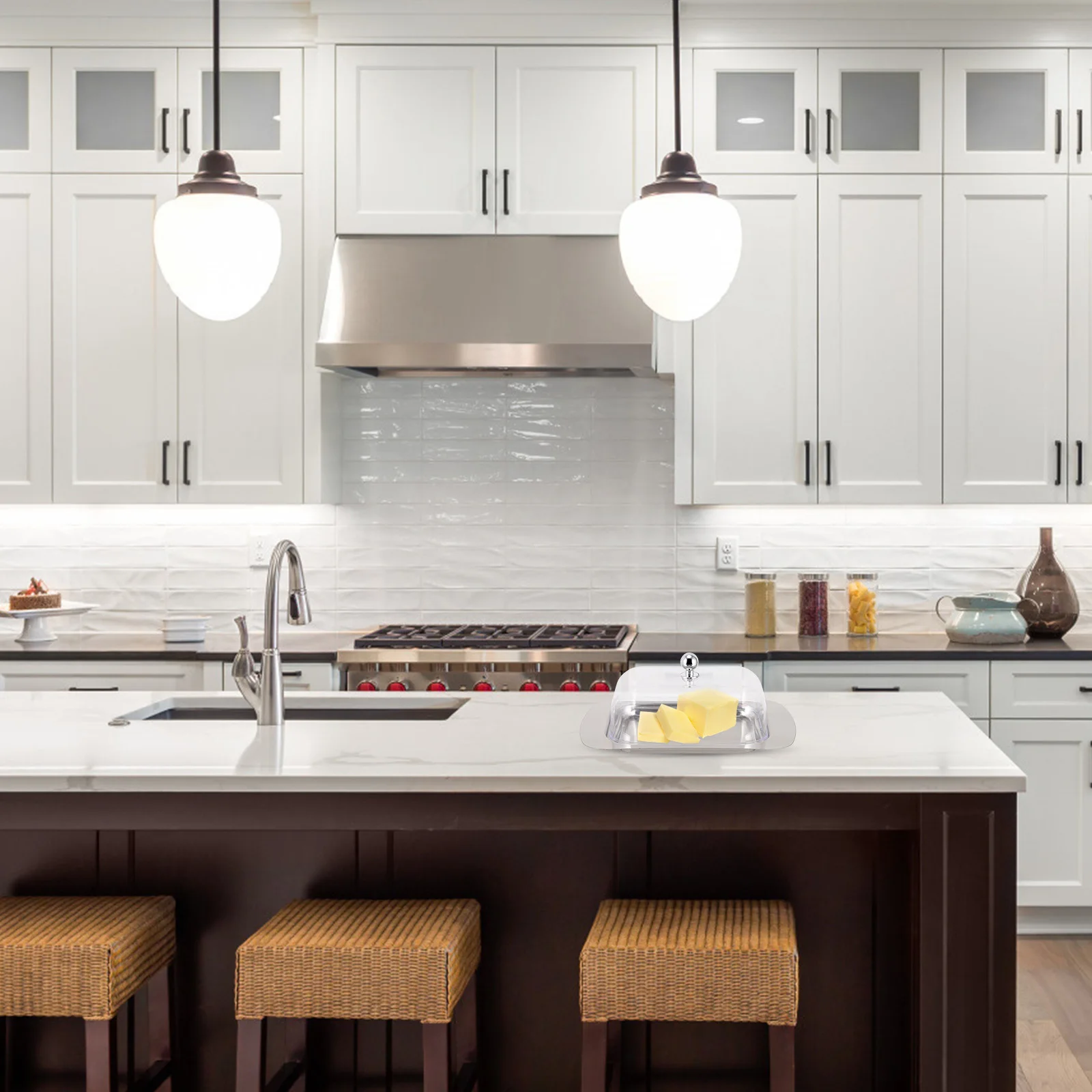 

1pc Storage Container Stainless Steel Bread Box With Clear Lid Kitchen Butter Dish Household Food Serving Tray Multi-Functional