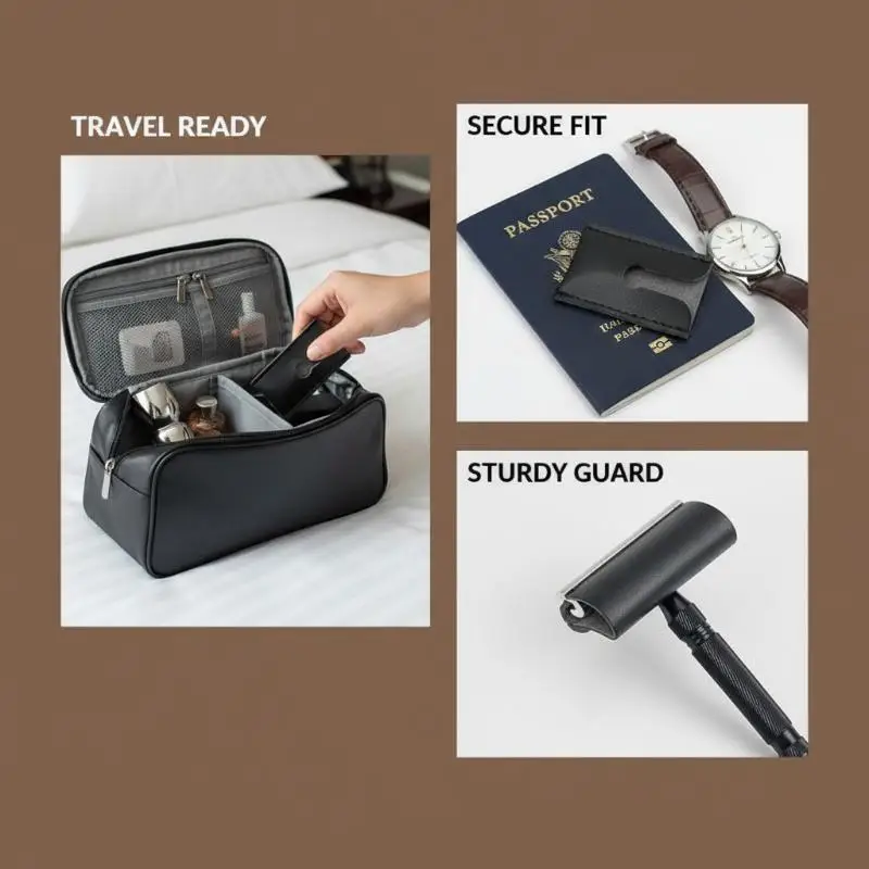 PU Leather Safety Razor Travel Case, Double Edge Razor Head Sleeve Long Handle Protective Cover Without Razor, Shaving Accessory