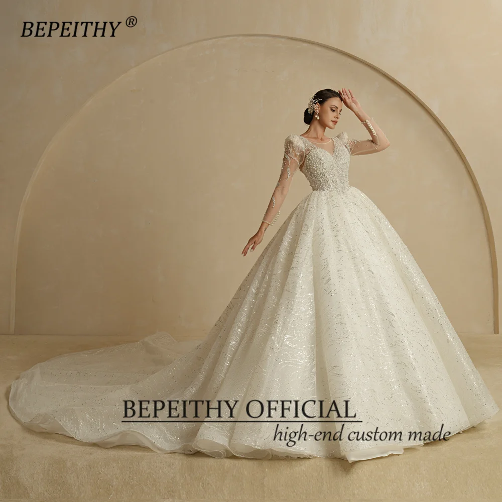 BEPEITHY Cao Cấp Shinny Cưới Công Chúa Váy Đầm Cho Nữ 2022 Full Tay Cạp Ngọc Trai Vintage Bóng Áo Dài Cô Dâu Nhà Nguyện Xe Lửa