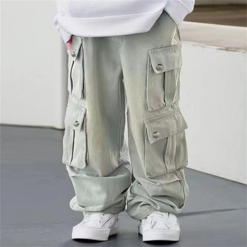 24610 Korean Wide Leg Pants Street Dance Pants Boys' Jeans Children's Side Pockets Kid Jeans Denim Cargo Pants