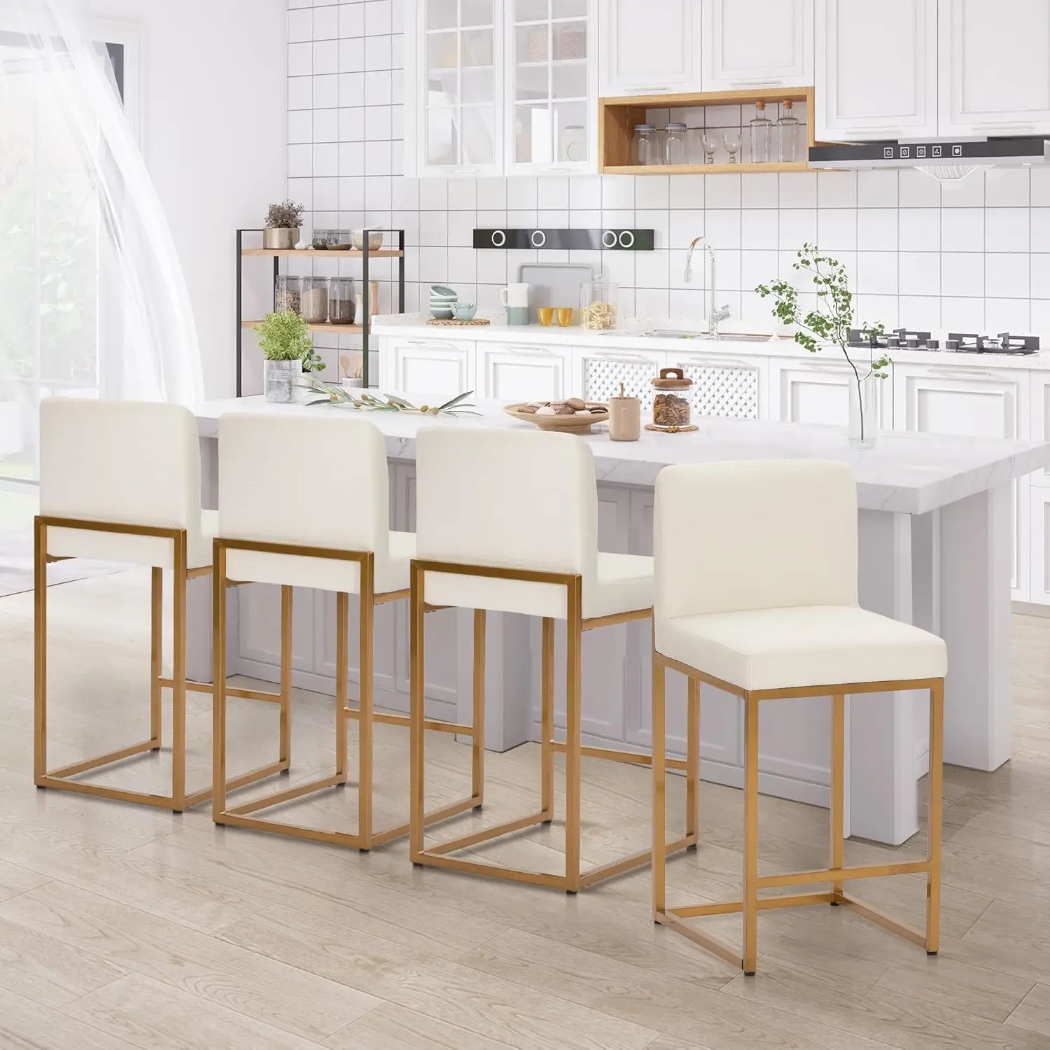 

White & Gold Counter Height Bar Stools Set of 4 with Backs PU Leather 24 Inch, Custom