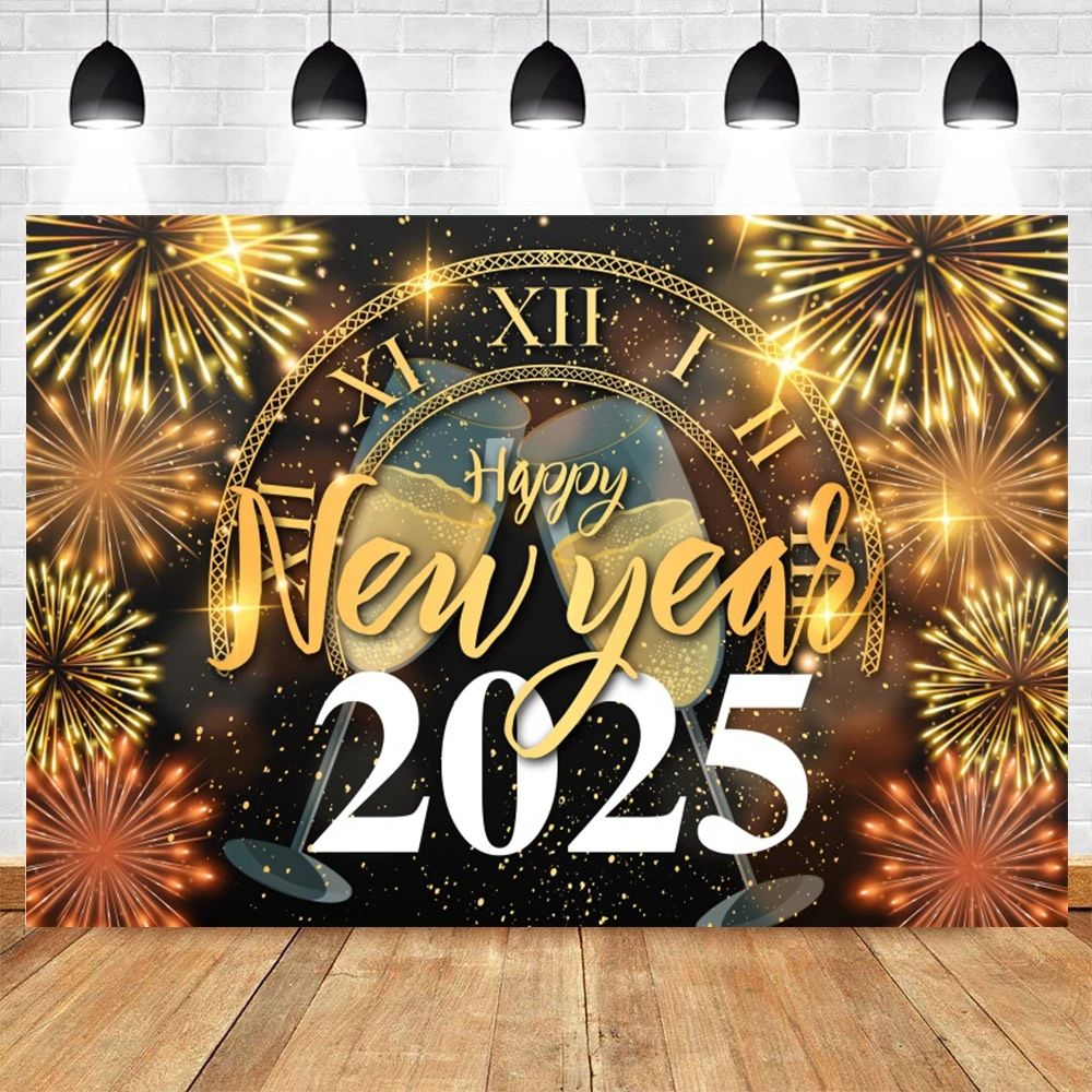 2025 New Year\'S Decor Backdrop Fireworks Champagne Golden Balloon Banner Celebrate Party Family Poster Photography Background