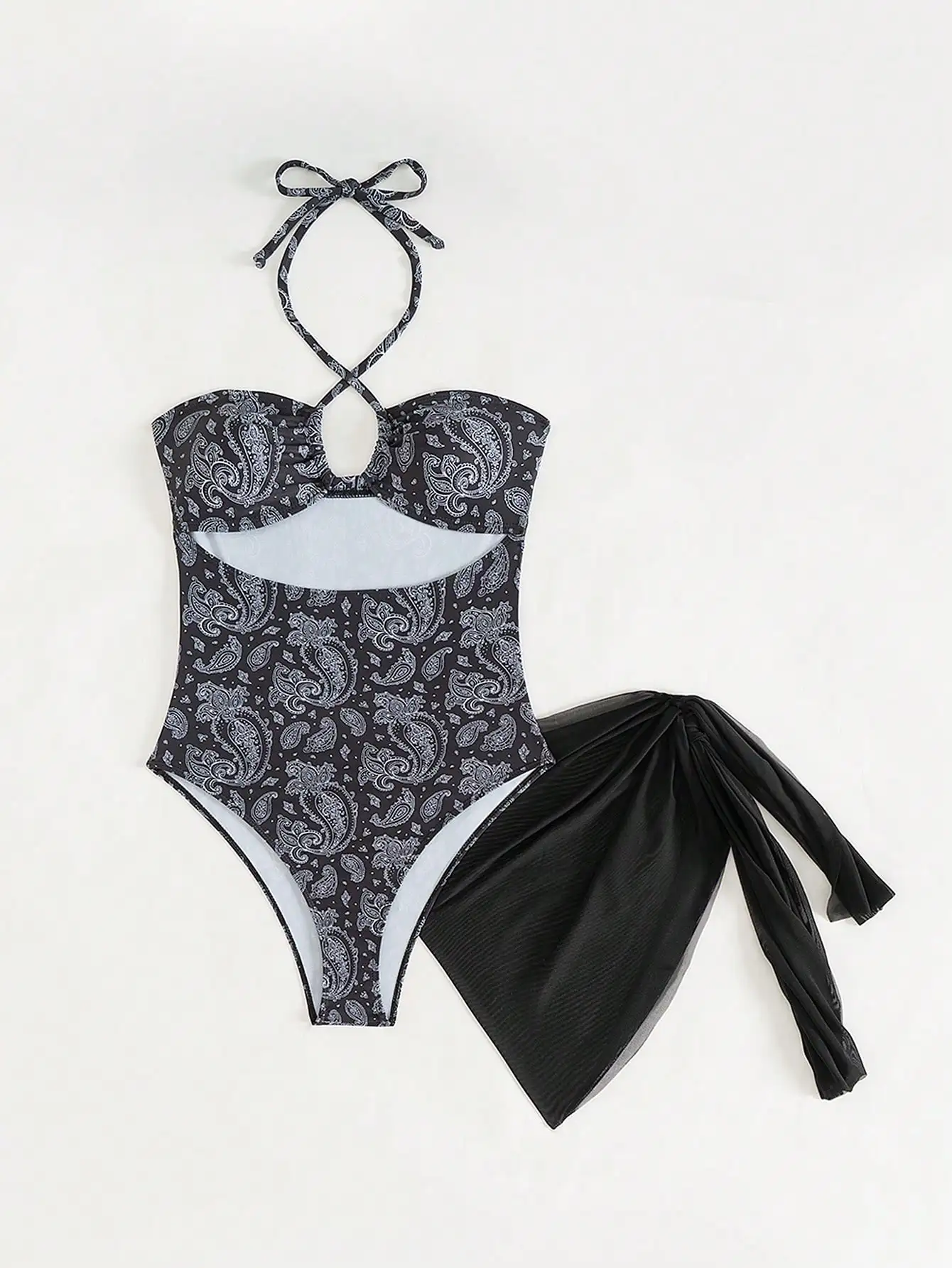 black and white floral pattern bohemian hanging neck hollowed out all black hooded beach dress one-piece  swimsuit
