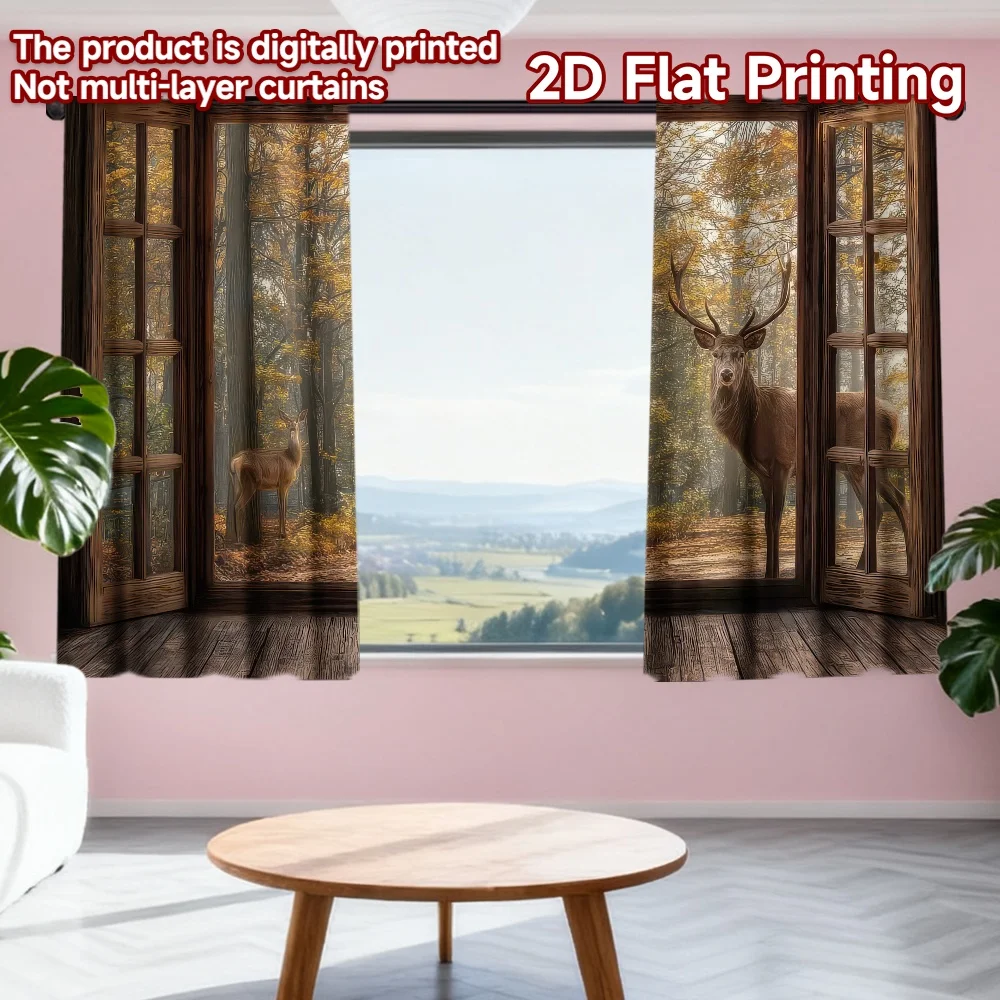 

2D flat printing 2pcs Drapes Autumn Forest Deer Encounter Digital Printed Polyester Drapes Festive Holiday Use for All Season