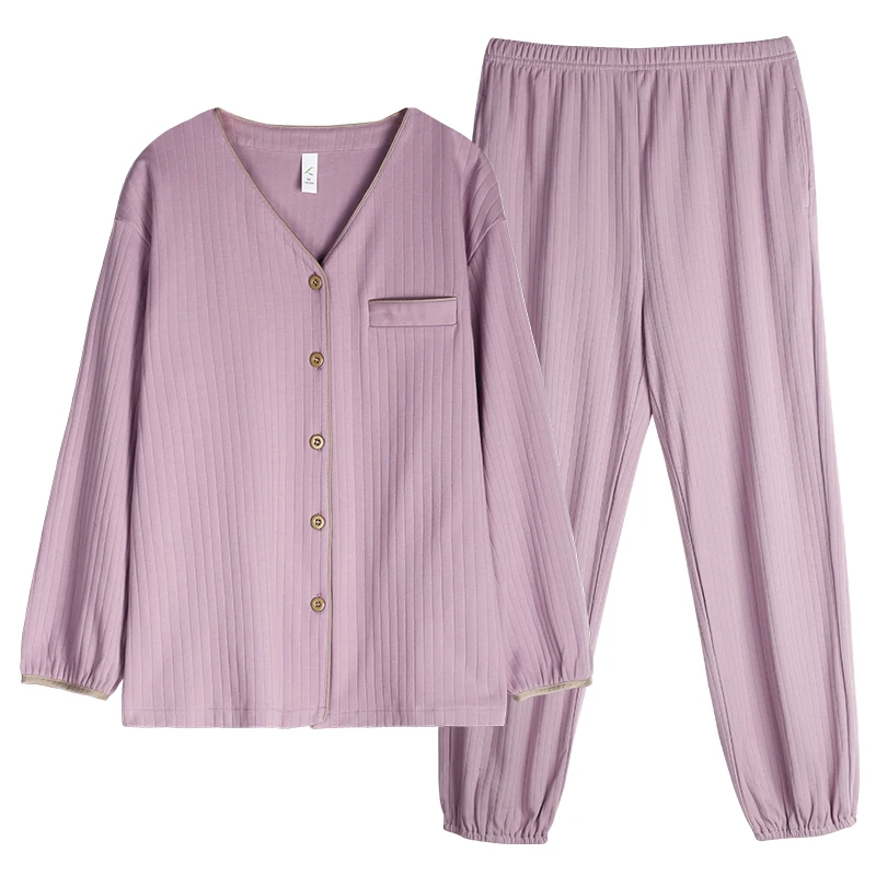 Spring Two Pieces Set Women Sleepwear Cotton Pajamas V-Neck Cardigan Nightwear Female Long Sleeve Pants Homewear Women Lingerie