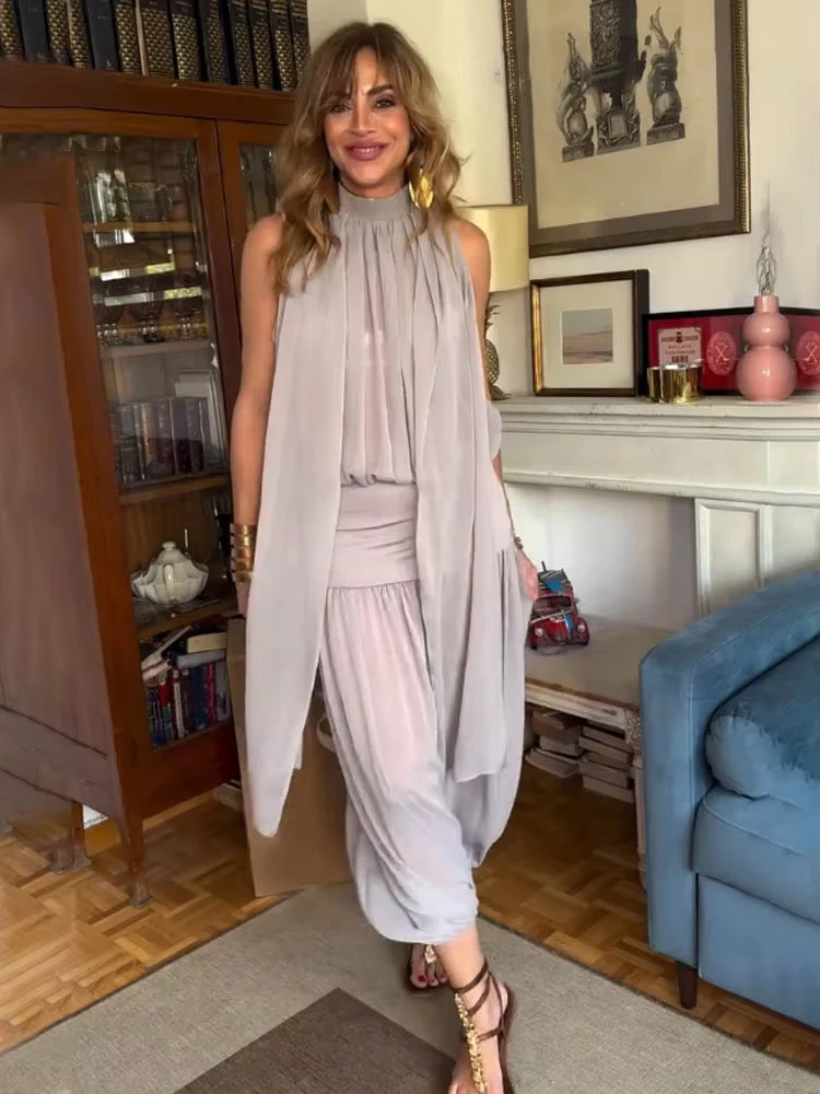 

HH Women Summer New Fashion Sexy Bow Decorated Tulle Zipper Sleeveless Jumpsuit+Elegant Balloon Style Midi Casual Skirt Suit