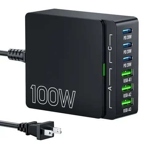 Hub de carga rápida GaN de 6 puertos de 100 W - Estuche de carga PD 3.0 tipo C y USB A - para teléfono celular, tableta y portátil