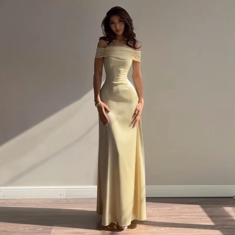 

Retro Off-the-shoulder Panel Design Back Bandage Yellow Satin A-line Skirt Luxury Slim Folds Long Dress Party Prom Vestidos Robe