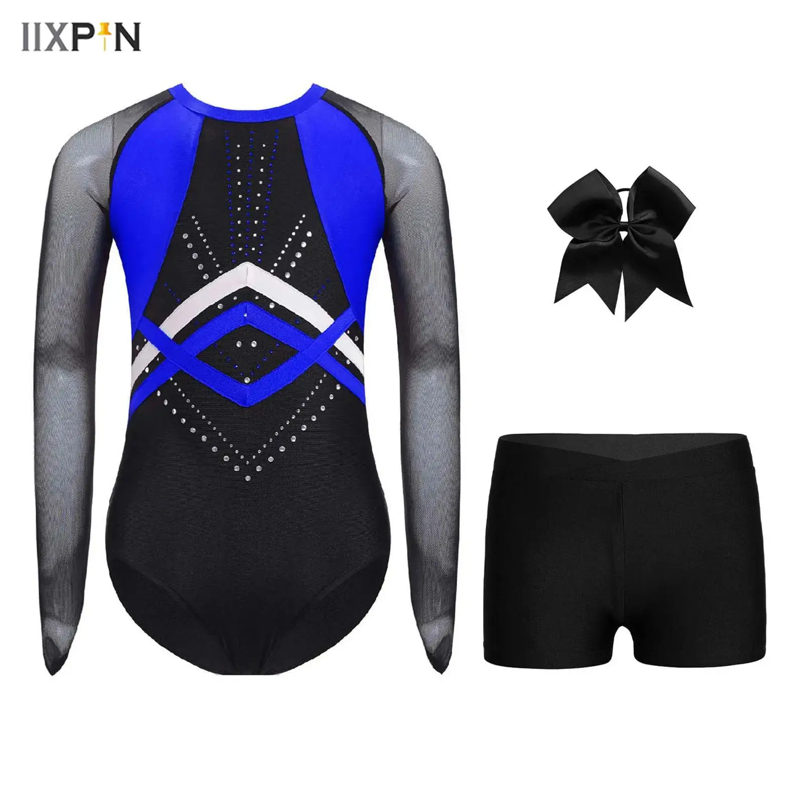 

Kids Girls Gymnastics Outfit Sheer Mesh Long Sleeve Color Block Patchwork Shiny Rhinestones Leotard with Shorts and Headwear Set