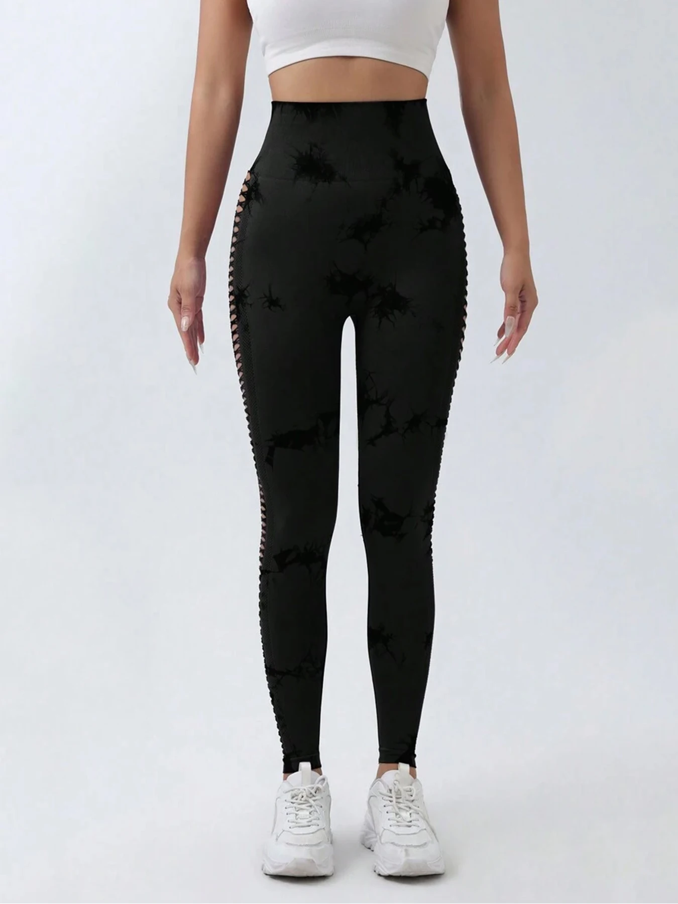 Black Tie-Dye Cutout High-Waist Yoga Pants Butt-Lifting Stretch Fitness Leggings Sports Slim-Fit Base Layer Leggings