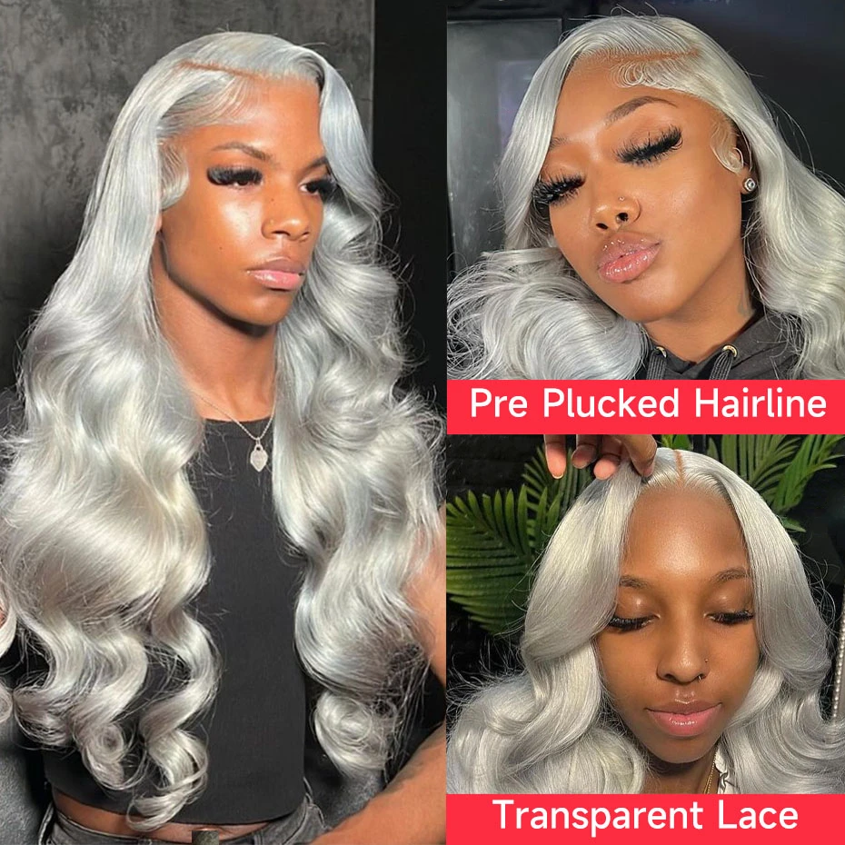 13x6 Silver Grey Colored Lace Front Wigs For Women 613 Blonde Body Wave Remy Transparent Lace Frontal Human Hair Wig Pre Plucked