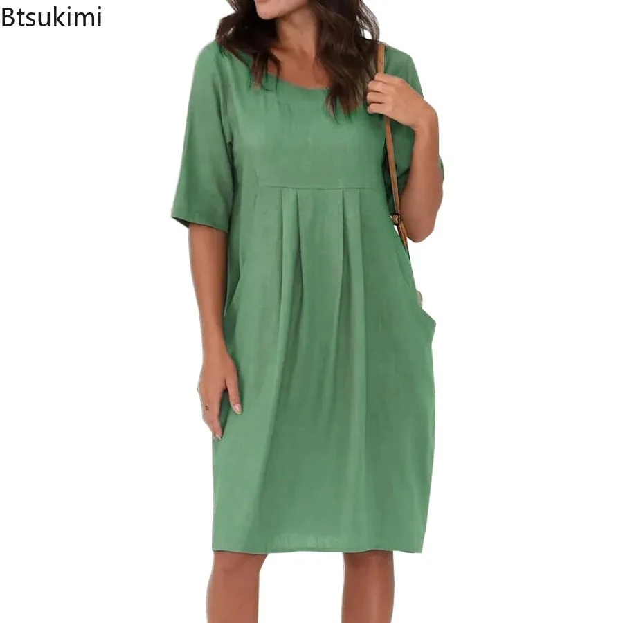 2024 Women's Summer Short Sleeve Cotton Dress Solid  A-line Short Sleeve Boho Midi Dress Oversized Female Casual Beach Dress 5XL