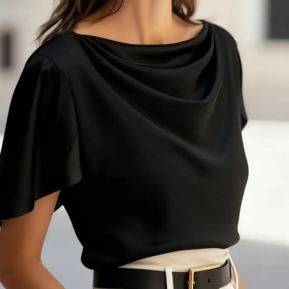 

Women Blouse Elegant Satin Silk Blouse Irregular Short Sleeve Regular Fit Shirt Pure Color Loose Fit Soft Fabric Women Shirt