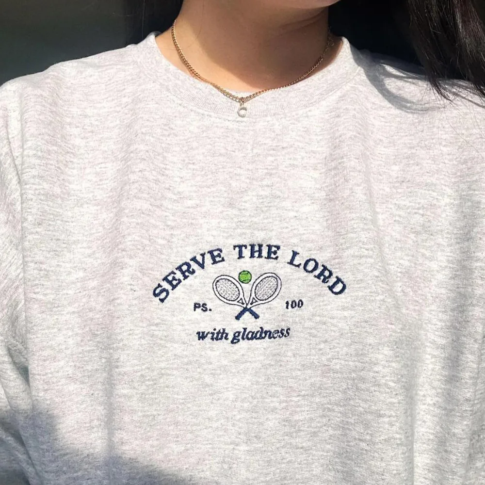 

Serve The Lord With Gladness Tennis Club Embroidered Sweatshirts Unisex Gray Loose Long Sleeve Pullover Vintage Style Jumper