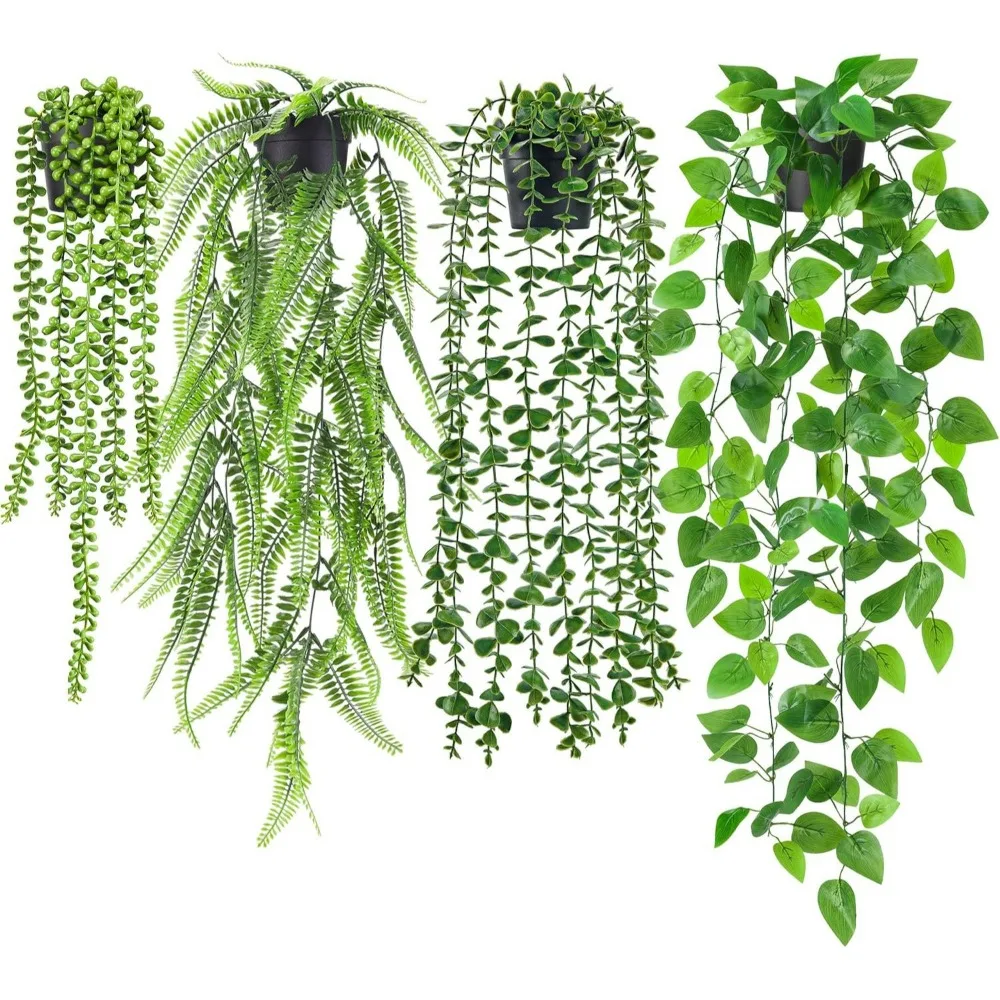 4Pcs Artificial Hanging Plants Set Ivy Vine, Eucalyptus, Boston Fern, String of Pearls for Indoor Outdoor Home Decor