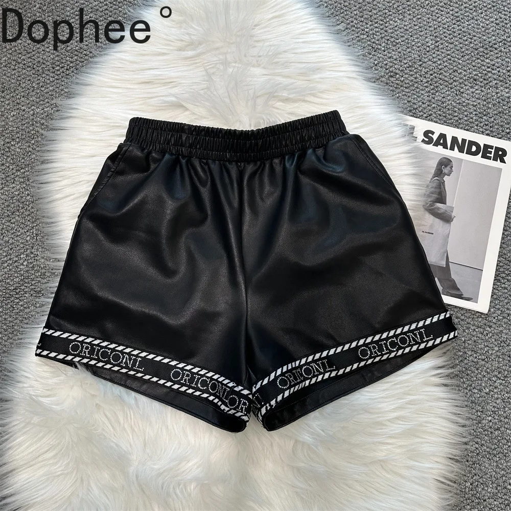 

Fashion Lady Autumn Winter Leather Boots Pants Trendy Elastic Waist Loose Wide Leg Shorts Letters Diamonds PU Leather Shorts