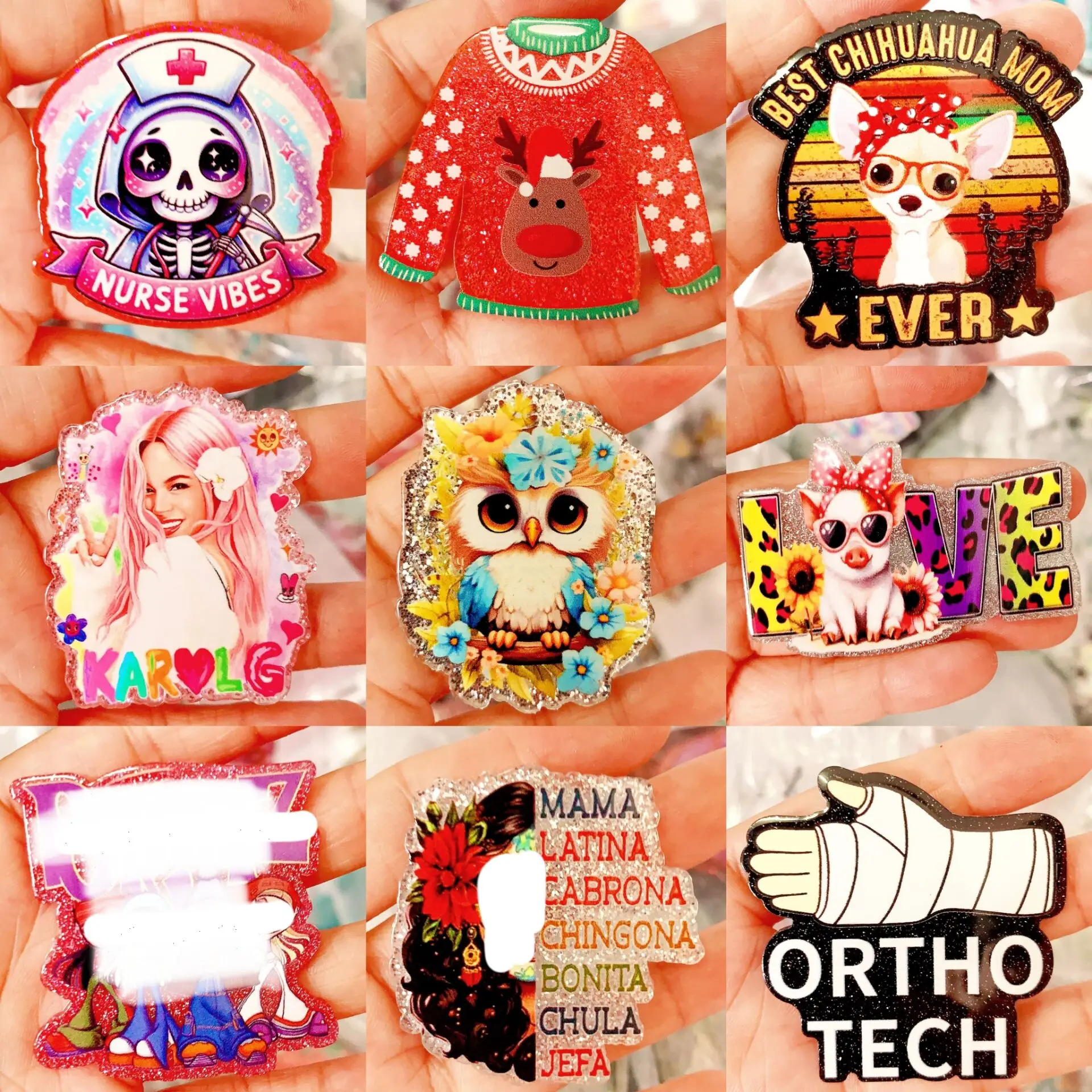 100PCS Glitter Acrylic Death Red Sweater Charms Nurse Vibes Owl Pig Dog Cow Ear Pendant Fit DIY ID Card Badge Holder Making Gift