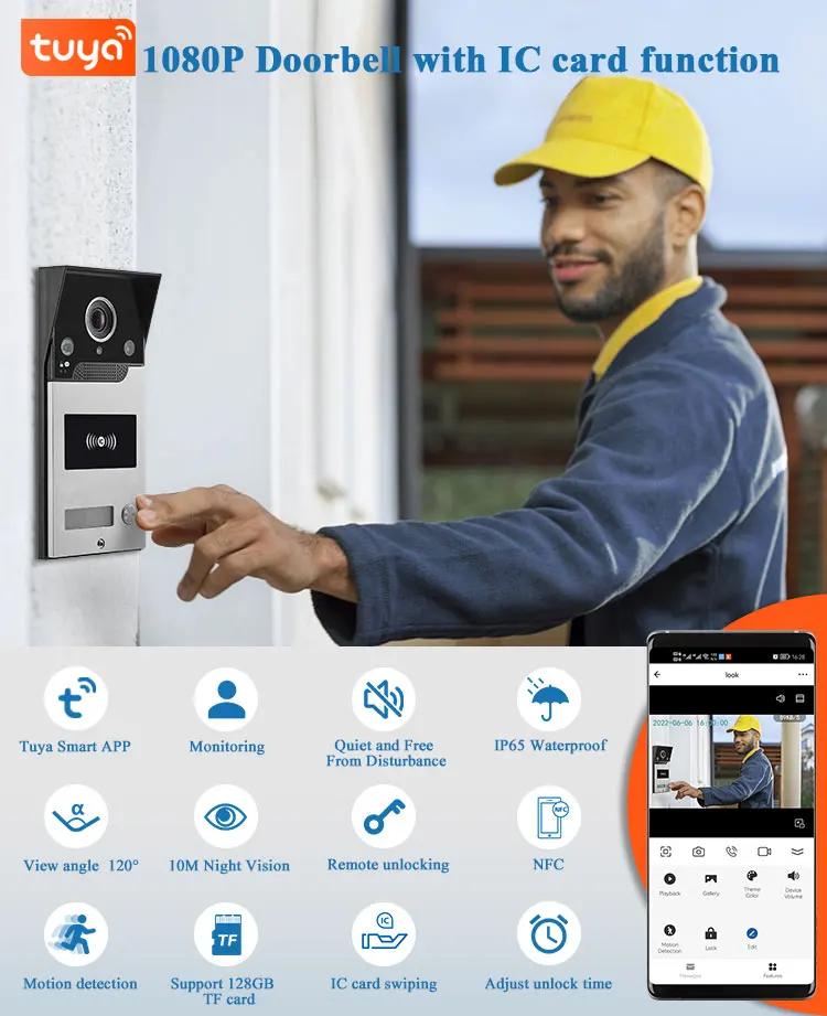 Timbre inalámbrico con WiFi para el hogar, intercomunicador de vídeo con desbloqueo RFID, 1080P, Tuya, para apartamento