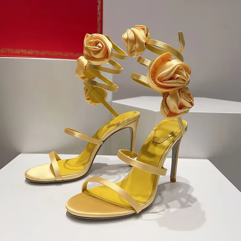 

Sandalias/женские атласные сандалии в форме змеи с эластичным ремешком, модельные туфли на тонком высоком каблуке с цветочным декором, летние туфли для подружек невесты