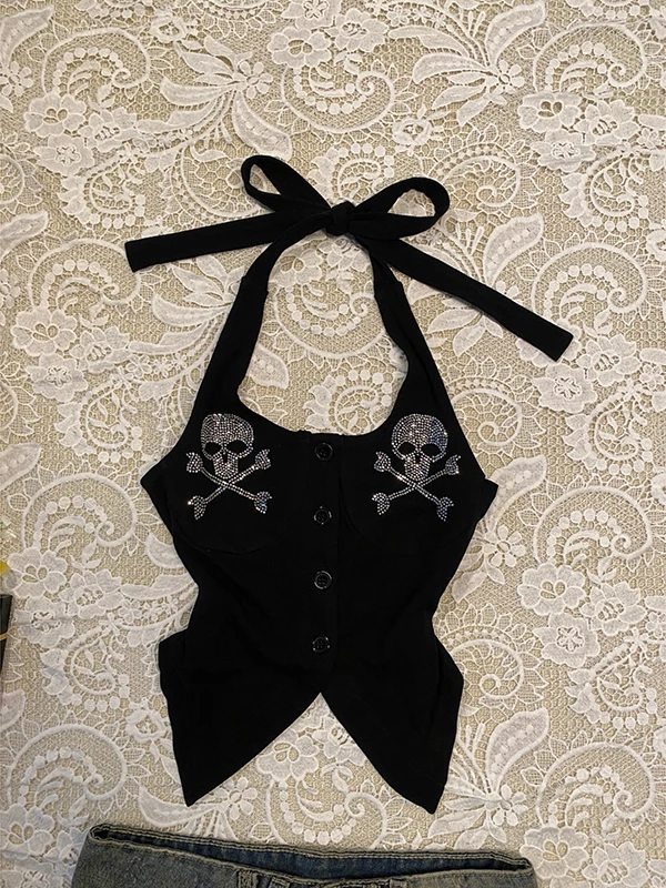 التصميم الأصلي الجمجمة نمط حجر الراين بالتفصيل Bla حزام أعلى المرأة خمر Sle الصيف القطن مزيج تانك الأعلى