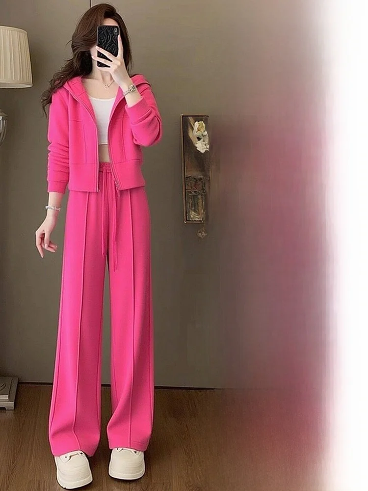 

Faionable Anti-Aging Pink Casual Sportswear Set Women's Early Spring New Hat Sweatirt Pants Two-Piece Set High Waist Long...