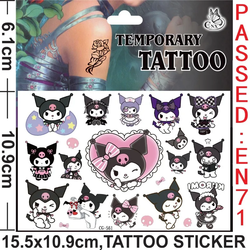 Pegatinas de tatuaje con temática Sanrio Kuromi, tatuajes temporales para niños, suministros para fiestas de cumpleaños, recuerdos, pegatinas de