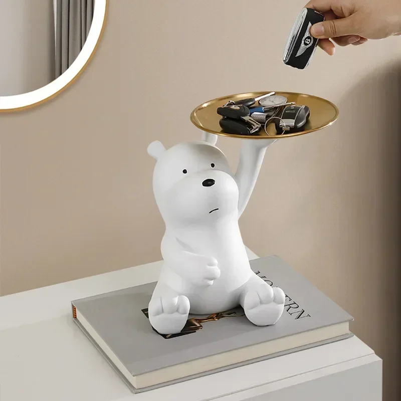 Lovely White Bear Statue W/tray Candy Key Storage Resin Statue Family Living Room Office Bedroom Decoration Decoration Animal