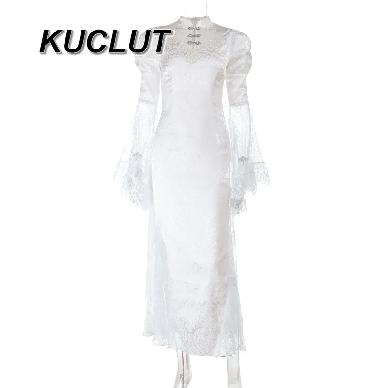 

Jacquard Vintage Long Dresses for Women Spring Autumn Halloween 2025 New Dark Style Cheongsam Lace Bell Long-Sleeved Dress