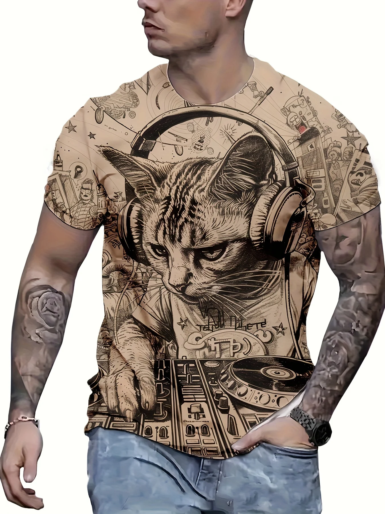 Street Casual DJ Cat Graphic T-Shirt - Unique Design, A Summer Essential Perfect for Street Style and Gym Wear