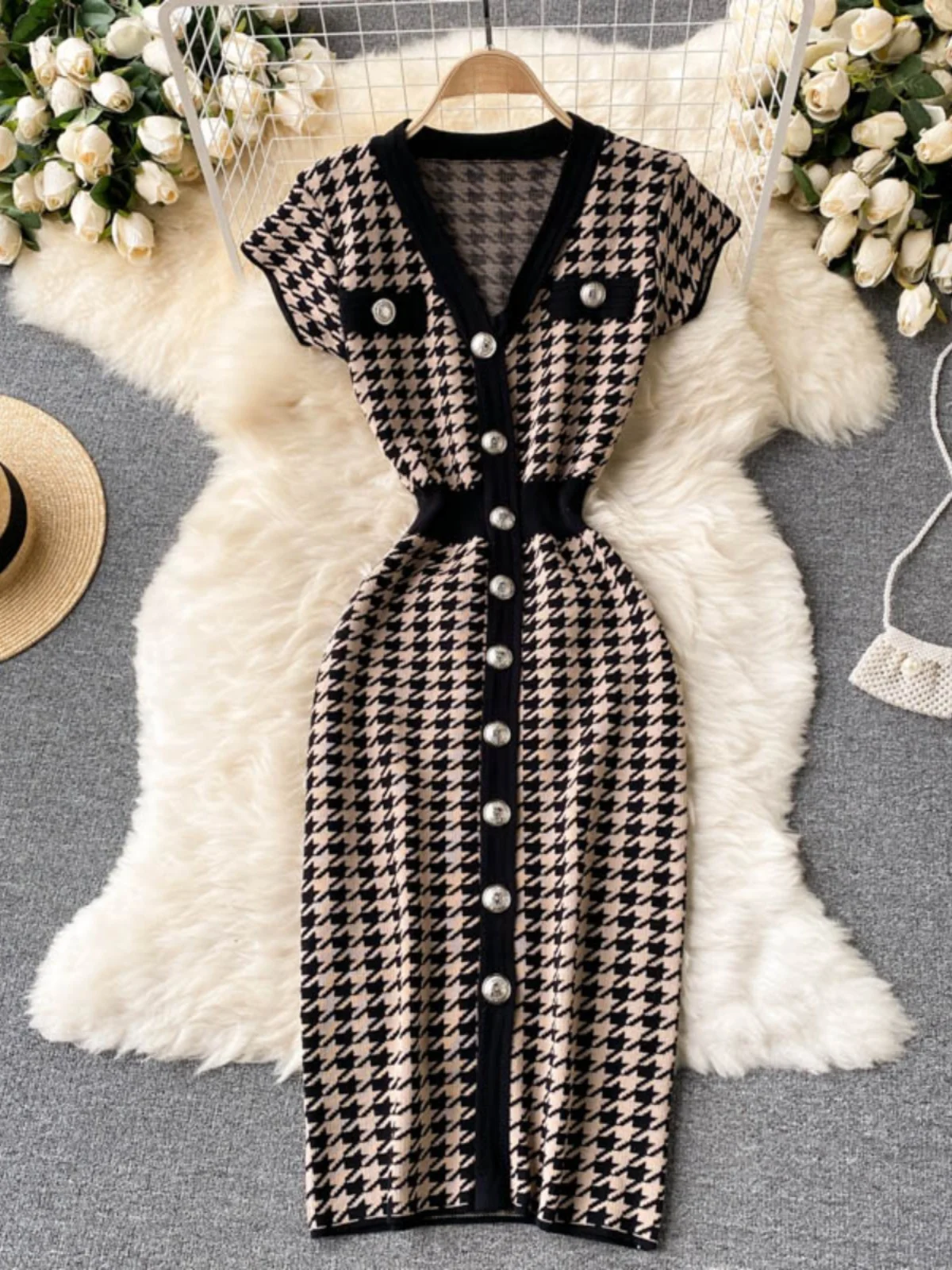 Retro lavorato a maglia Dr Vita stretta Autunno Nuovo Sle V-Ne Button Slim di media lunghezza Wrap Body Gonna Donna Casual Faion