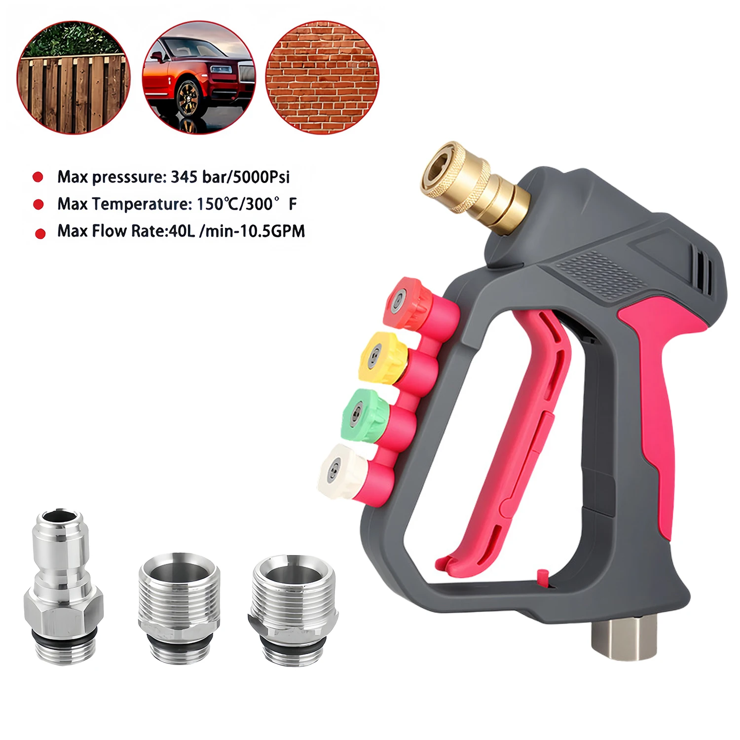 

Short High Pressure Car Wash Gun, Heavy Duty Rotating Anti-Tangle, 4-Color Nozzle Set for Vehicle Beauty & Home Cleaning