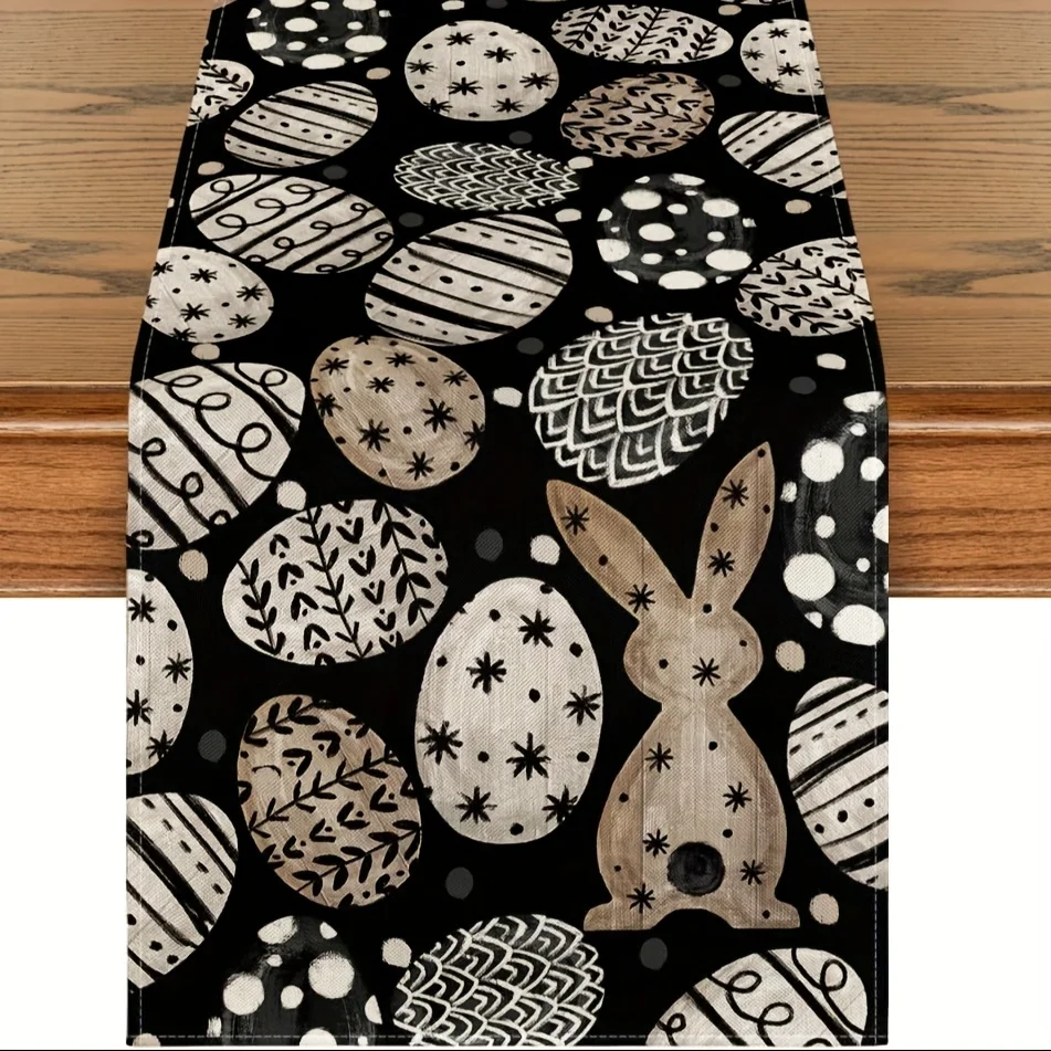 1pc Bunny Rabbit Eggs Flowers Easter Table Runner Seasonal Spring Kitchen Dining Table Home Party Decor