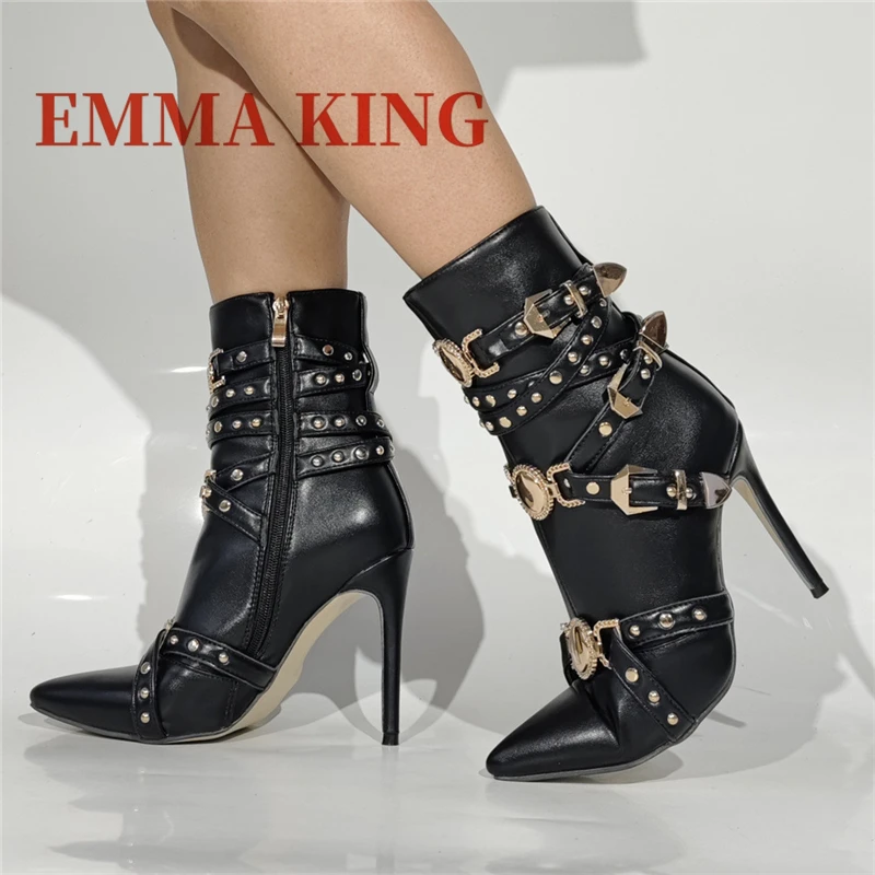 برشام حزام مشبك حذاء من الجلد مثير أشار تو الخنجر الكعوب أحذية بوت قصيرة الجانب سستة مثير عرض مأدبة الحفلات أحذية نسائية 47