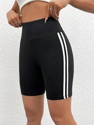 Shorts esportivos de alto estiramento para mulheres, malha esportiva, calça média de coxa, listras laterais, calças elegantes e confortáveis, tamanho grande