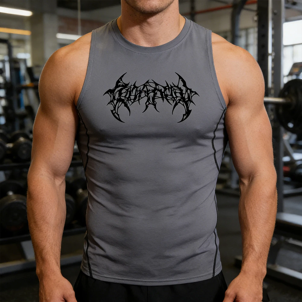 Y2K Men Tank Top with Dark Trap Metal Font Print Gothic Quick Dry Compression Top Tight Muscle Shirt Bodybuilding Fitness Vest