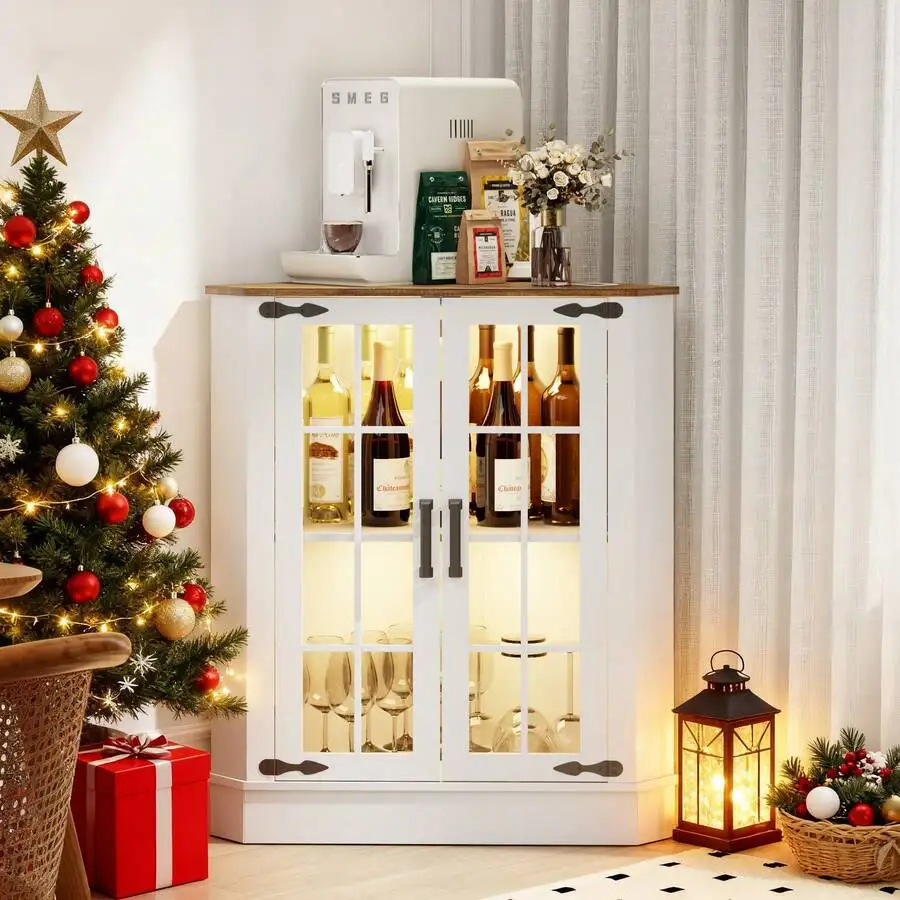 Farmhouse Cabinet With LED Light, Small Bathroom Cabinet With 2 Doors, Free Standing Home Floor Storage Cabinet For Laundry Room